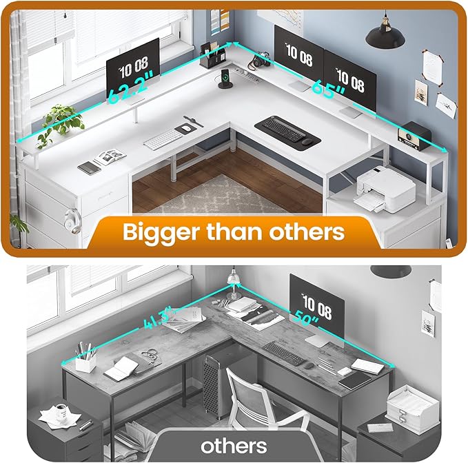 SEDETA L Shaped Desk with 6 Drawer 108 Home Office Desk with File Drawer &amp Power Outlet Corner Computer Desk with Monitor Shelf File Cabinet Two Person Desk Gaming Desk with Led Lights Whit