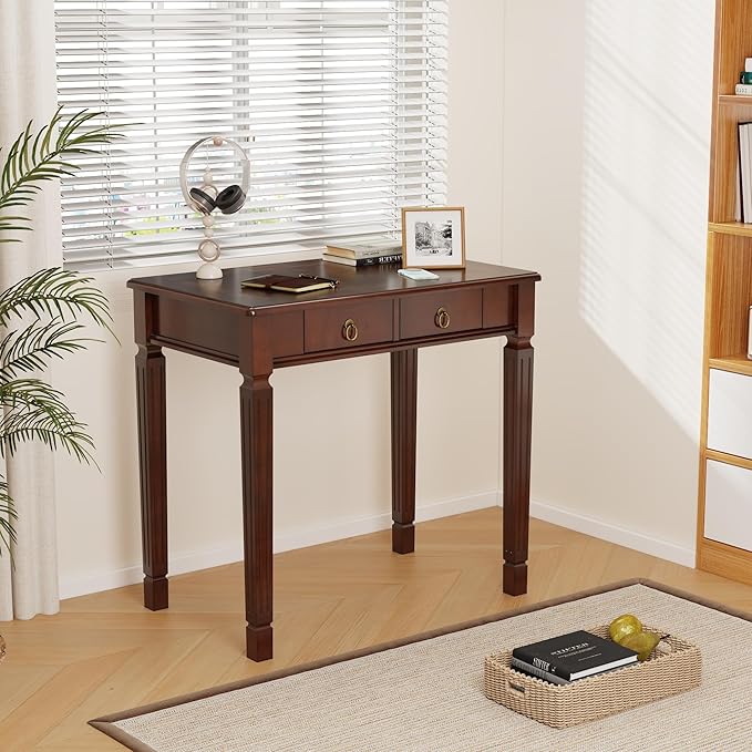 Small Computer Writing Desk with 2 Storage Drawers 31.5W Vanity Dressing Desk French Provincial Corner Desk Table with Carved Legs Solid Wood Accent Table Easy Assembly Dark Cherry SSZ-D1258
