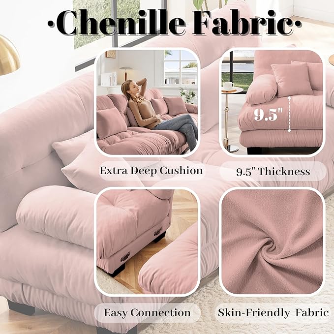 Modular Sectional Sofa for Living Room134 L-Shaped Comfy Couch with Ottoman Oversized 3 Seater Pink Sectional Couches with Pillows Fluffy Couch Set with Deep Seat