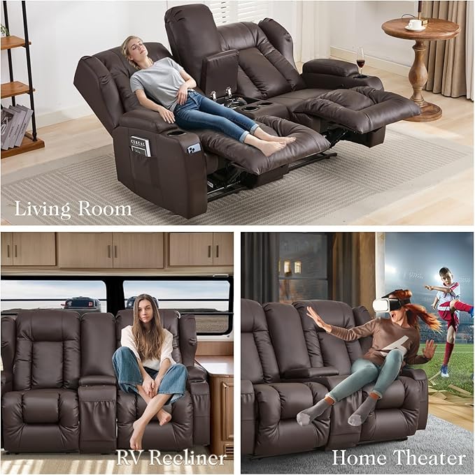 Loveseat Recliner SofaRV Wall Hugger Recliners for Small SpacesReclining Loveseat Sofa Recliner with Cup Holders/Lumbar PillowsRV Furniture (Brown Loveseat with Console)