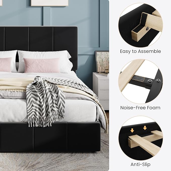 SHA CERLIN Full Size Bed Frame Velvet Upholstered Platform Bed Vertical Channel Tufted Adjustable Headboard Low Profile Bed Frame No Box Spring Needed Easy Assembly Black