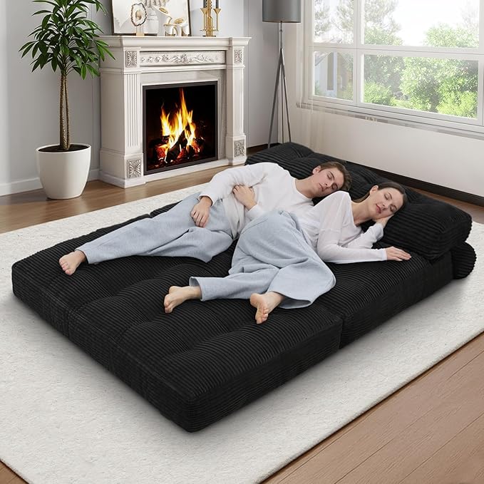 Folding Sofa Bed Convertible Sleeper Chair with Pillow &amp Handle Foldable Mattress Futon Chair Bed Lounge with Back Support Comfy Floor Sofa for Living Room Bedroom Black Full
