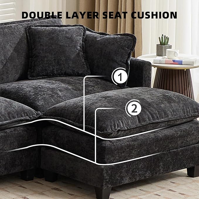 Oversized 149.6 Modular Sectional Sofa - 4 Seater Convertible Chenille Deep Seat Cloud Couch with Ottoman &amp Pillows for Living RoomSmall Space Black