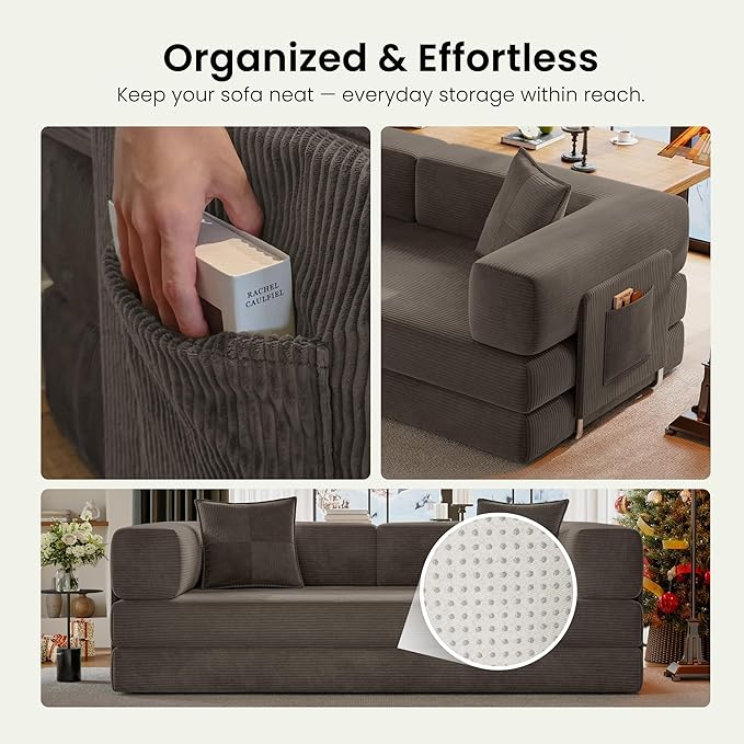 78.8 Convertible Futon Sofa BedCorduroy Futon Couch with Storage PocketFolding Pull Out SofaNo Assembly Boneless Couch for Living RoomBrown
