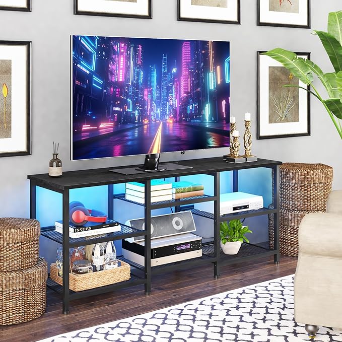 YGEOMER TV Stand for TVs Up to 55 Inches Entertainment Center with Power Outlet and LED Lights Open Storage Shelves TV Media Console Table for Living Room and Bedroom Black