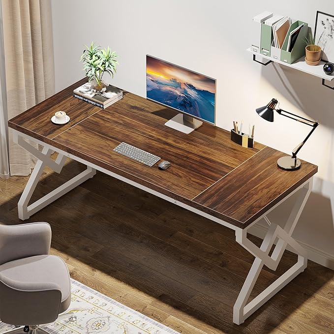 Tribesigns 63 Inch Executive Desk Large Office Desk with Metal Frame Ergonomic Writing Desk Computer Workstation Modern Wood Computer Desk for Home Office Easy Assembly (Brown+White)