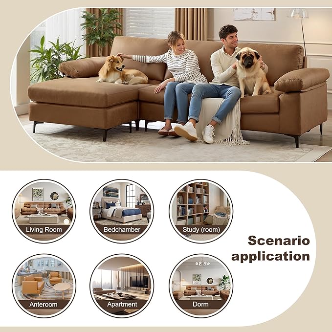 100.8 Sectional Sofa Faux Leather Couch with Reversible Chaise Mid-Century L Shaped Sofa Couch for Living RoomApartment Office (Light Brown Sofa with Chaise)