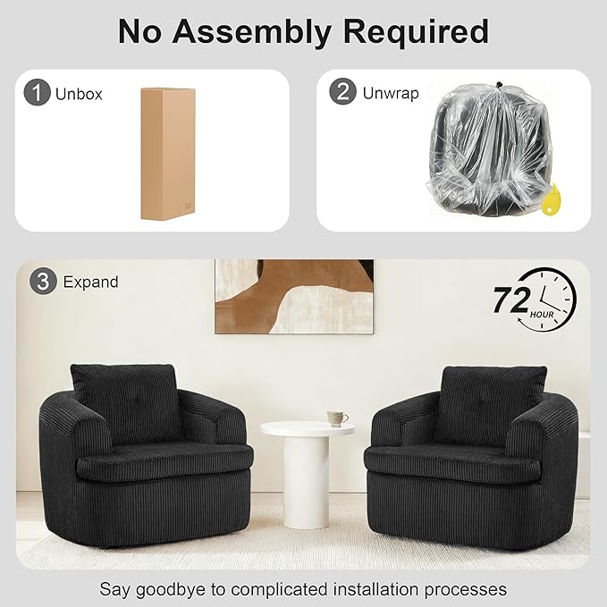 36.6 Swivel Accent Chairs Set of 2 360 Degree Oversized Swivel Barrel Chair for Living Room Modern Corduroy Upholstered Accent Armchair Comfy Boneless Sofa Chair for Bedroom Black