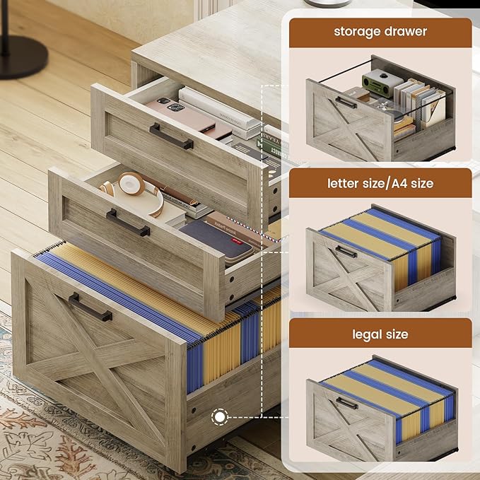 SEDETA 67 Farmhouse L Shaped Desk with Hutch Home Office Desks with Drawers &amp Sliding Doors Corner Computer Desk with Storage Shelves &amp Power Outlets Executive Desk with LED Lights (Grey)