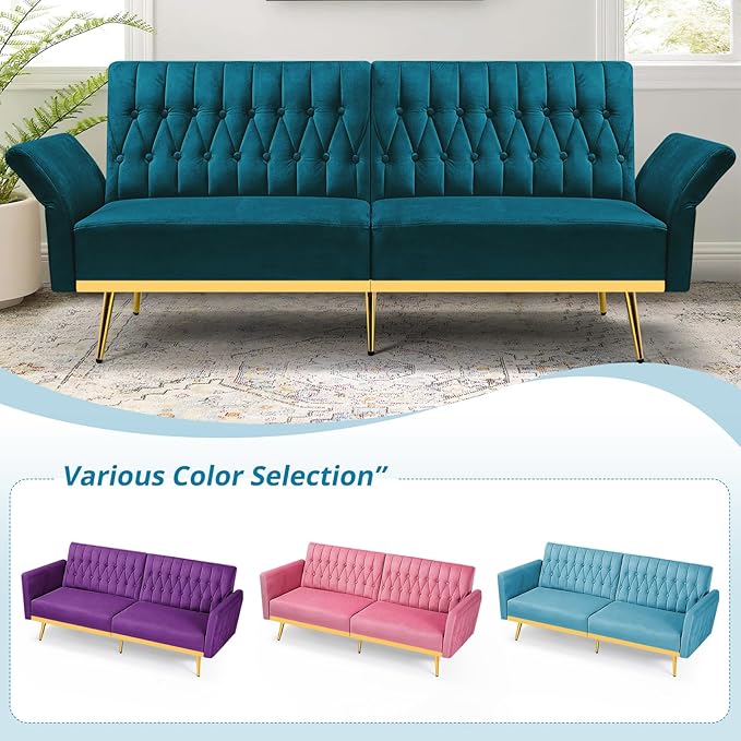 70” Velvet Futon Sofa Bed w/Adjustable Armrests and Backrest Convertible Futon Couch w/2 Pillows Modern Sleeper Bed for Living Room Bedroom Teal