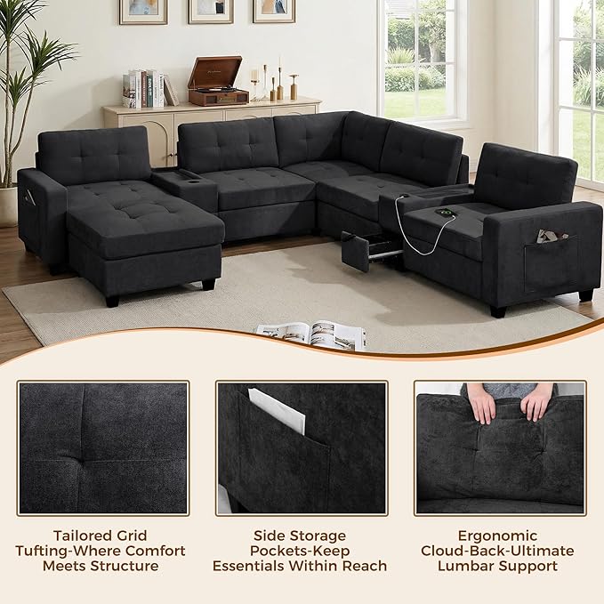 103'' Modular Sectional Sofa couch with 2 Acrylic Consoles Oversized U Shaped Couch Set with USB Charger Storage DrawersPockets and Movable Ottoman Chenille Sectional Couches for Living RoomBlack