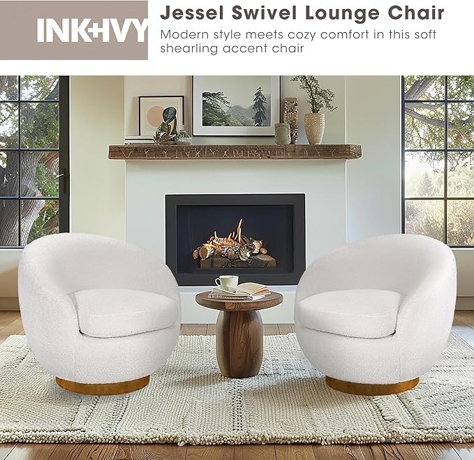 Ink+Ivy Jessel Swivel Accent Chair – Barrel Back Design Sherpa Upholstery 360-Degree Wood Base Modern Lounge Seating for Living Room or Bedroom 32 W Cream