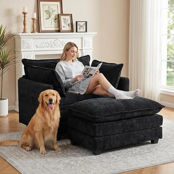 Furniliving Oversized Accent Chairs with Ottoman Luxury Chenille Single Sofa Couch Upholstered Deep Seat Chaise Lounge with Pillows for Living Room Bedroom Apartment Black