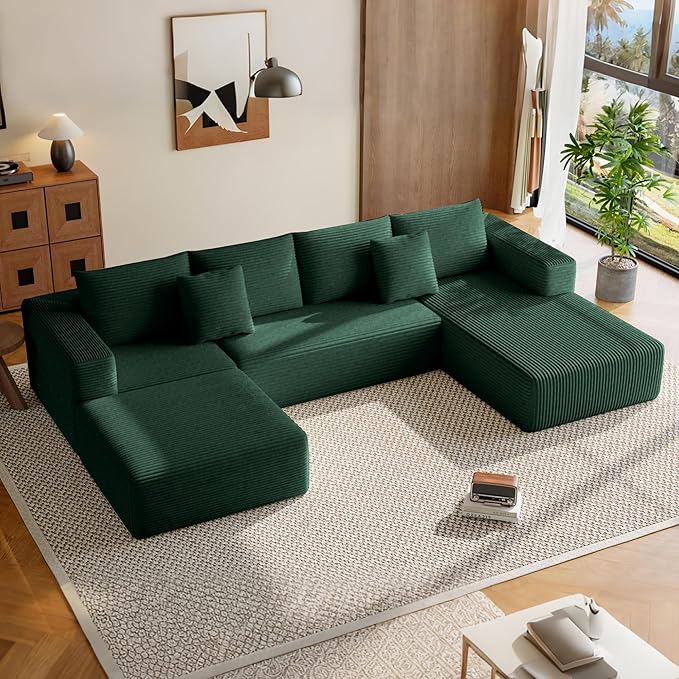 134.6'' U-Shaped Modular Sectional SofaModern Comfortable Corduroy Cloud CouchConvertible Boneless Couches for Living Room with OttomanNo Assembly(Green)