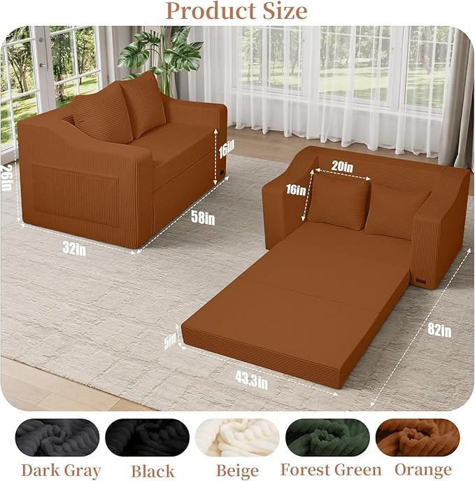 MeMoreCool Convertible Sofa Bed Pull Out Loveseat Sofa Sleeper Couch for Bedroom Living Room Lounge 2 in 1 Small Couch Bed with Pillow Foldable Love Seat Futon Corduroy Orange