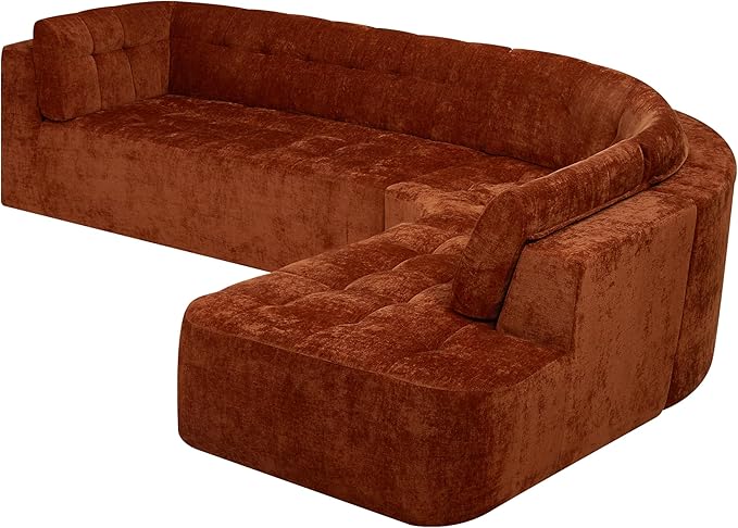 119'' Sectional Sofa Curved L-Style Right-Hand Facing Couch with Fully Upholstered Arms Tufted Design Modern Minimalist Look Dark Orange