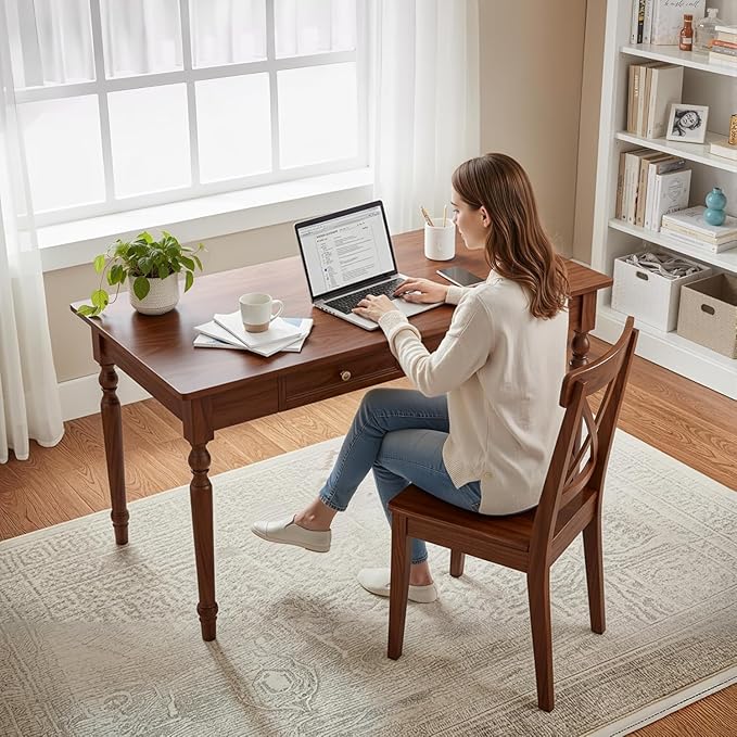 Farmhouse French Country Writing Desk with Drawers – Solid Wood Computer Desk for Home Office Bedroom &amp Study Workspace Compact Rustic Wood Table (Walnut Color 31 * 30 * 24in)