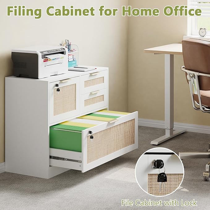 HOPUBUY Lockable 4 Drawers File Cabinet Lateral Filing Cabinet with Printer Stand for Home Office and School Wood Rattan File Cabinet for Hanging Files/Letter/Legal/A4/F4 Size White