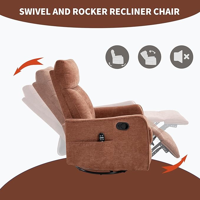 360°Rotating Heated Massage Chair with 8 Vibrating nodesComfortable Rocking Chaise Lounge with Black Metal Base Single Sofa for Living RoomBedroomOfficeOrange Chenille