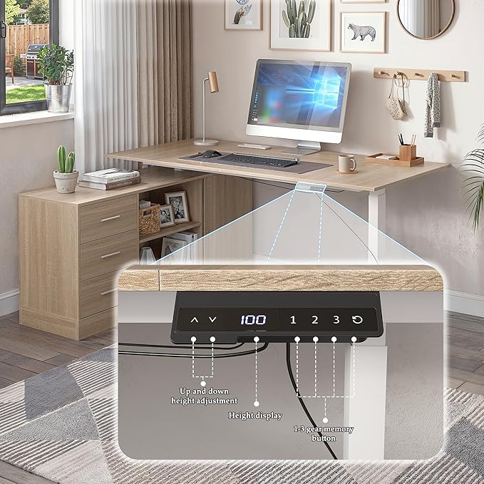 63 L Shaped Electric Standing Desk with File Cabinet Height Adjustable Stand up Desk with Drawers and Shelves Home Office Computer Gaming Table Brown &amp White