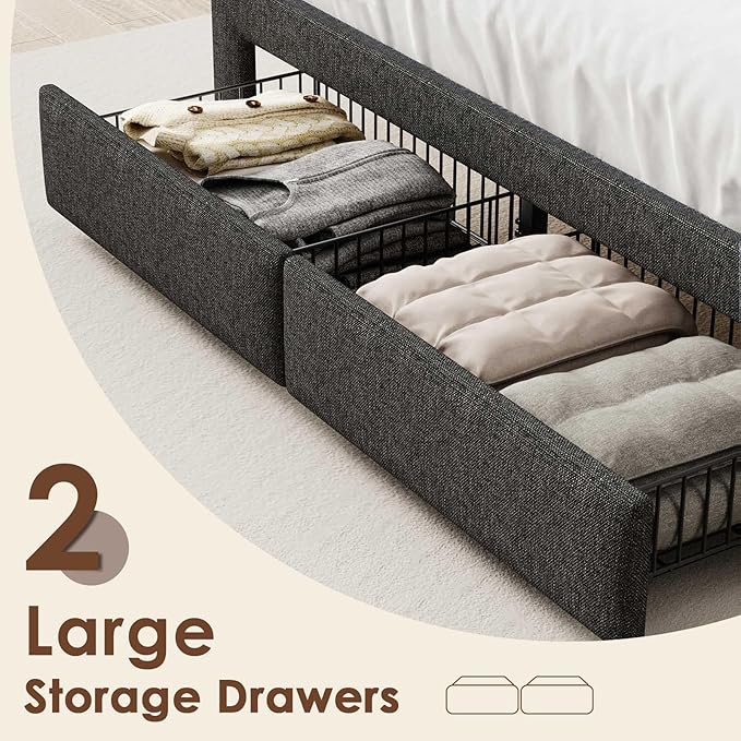 LED King Size Bed Frame with 2 Storage Drawers Upholstered King Bed Frame with Headboard and Charging Station No Box Spring Needed Easy to Assembly-Dark Grey