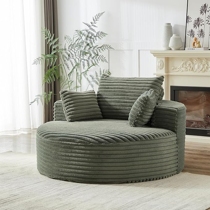 Oversized Round Chaise Lounge Chair Indoor 55W Circle Comfy Armchair with Deep Seat Floor Cloud Boneless Chair Upholstered Modern Cozy Sofa Chairs for Living Room Bedroom(Corduroy Green)
