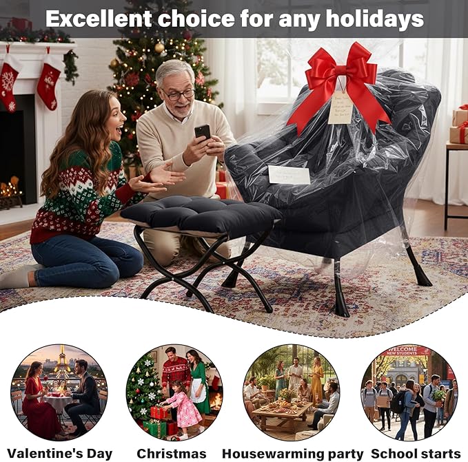 Cozy Lazy Chair and Ottoman Large Peach Black Contemporary Accent Chair Set Leisure Upholstered Reading Armchair for Office Bedroom Living Room Dorm Rooms Balcony