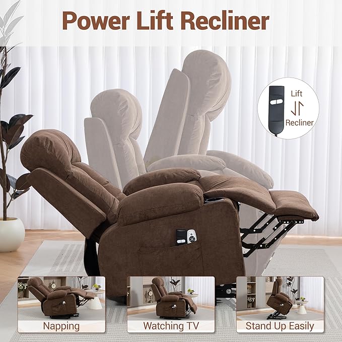 Power Lift Recliner Chair for Elderly People w/Vibration Massage and Lumbar Heat Oversized Recliner Chair Sofa for Adult with Cup Holder USB Charge Port for Living Room Bedroom Brown