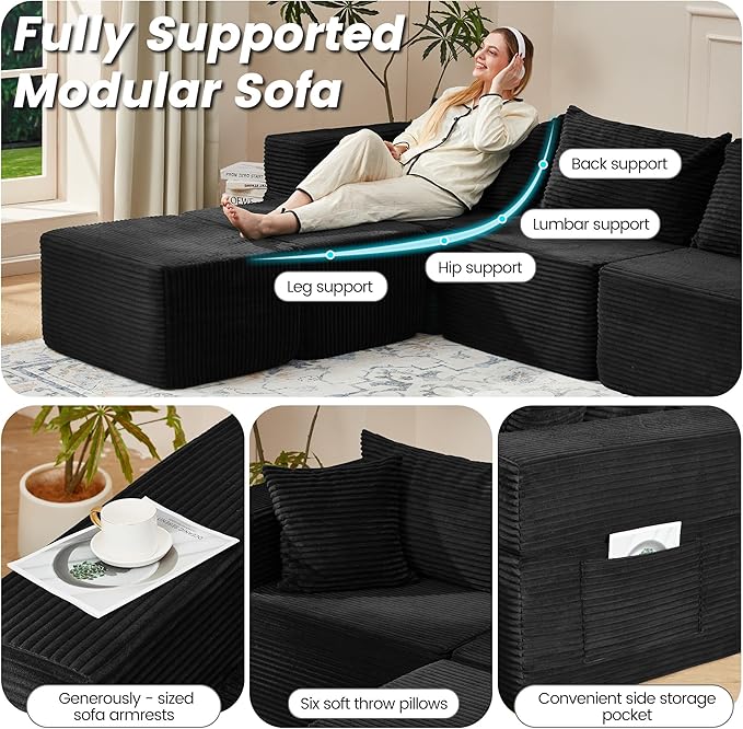 HOMREST 131 Cloud Couch Sectional U Shaped Modern Sofa with 2 Ottomans Comfy Corduroy Fabric Modular Sectional Sofa in a Box Boneless Couches for Living Room No Assembly Required (Black)