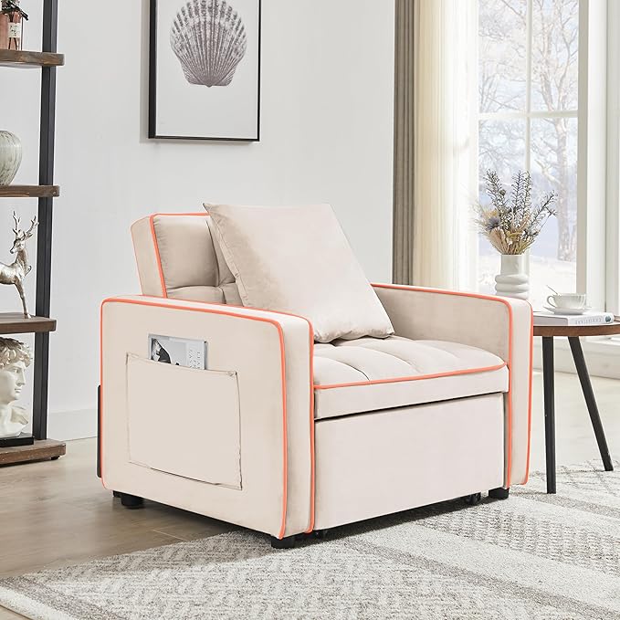 3-in-1 Futon Couch Sofa Bed Chair Convertible Sleeper Sofa with Pull-Out Bed Folding Sofa Bed with Reclining Backrest and Side Pocket Sofa Recliner Single Bed Adult Modern Chair Bed Berth (White)