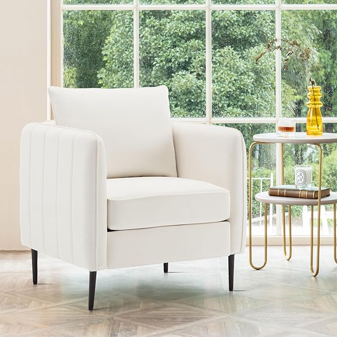 Leather Accent Chair Mid Century Modern PU Leather High Back Armchair for Living Room Chairs with Solid Wood Legs for Small Spaces Bedroom Office (Ivory-Velvet 29.13D x 32.68W x 35.04H)