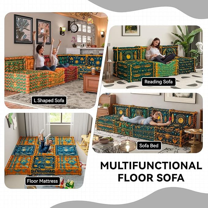 WOWMAX Floor Sofa Couch Boho – Convertible Lazy Sofa Chair Futon Sleeper with Backrest Oversized Floor Mattress for Meditation Gaming Reading &amp Bohemian Home Decor – Boho Sunset
