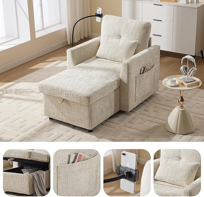 32 Comfy Chaise Lounge Sofa Bed Chair with Storage Side Pockets Phone Holder &amp 2 Pillows Modern Chenille Upholstered Sleeper Sofa Leisure Chair for Living Room Bedroom Small Spaces (Beige)