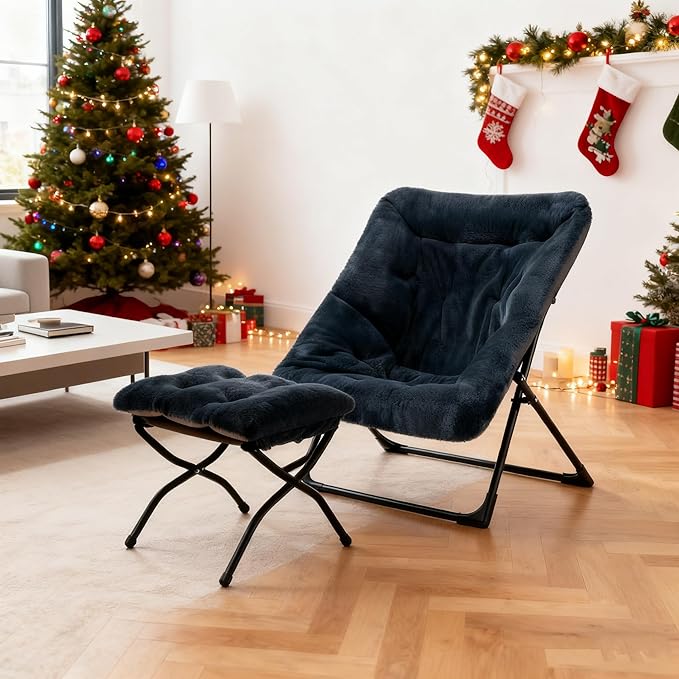 HollyHOME X-Large Saucer Chair with Foldable Ottoman Comfy Oversized Folding Chair and Folding Footrest Stool Set Faux-Fur Reading Chair and Footstool for Living Room Navy Blue Chair&ampStool