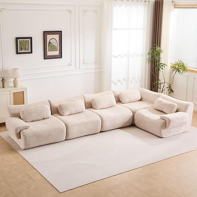 148.2 Boneless Couches for Living Room Cloud Modular Sectional Sofa in a Box Memory Foam Modern Couch Big Comfy Compressed Sofas L Shaped Couch with Corner Bedroom Apartment Beige