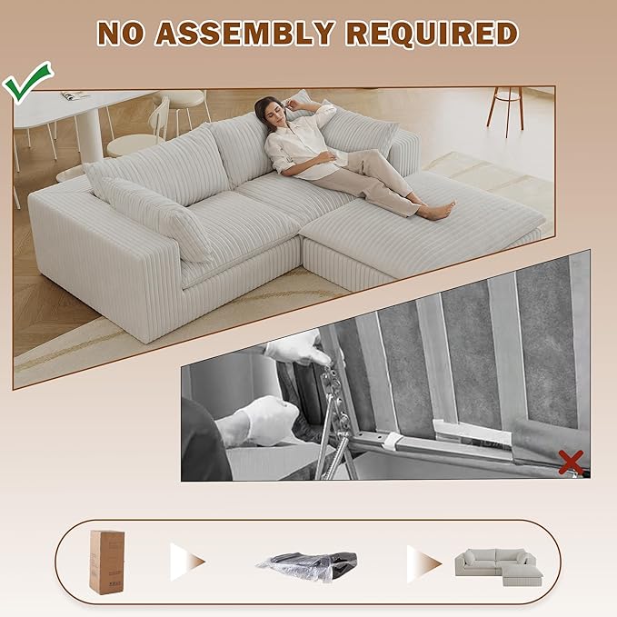Boneless Corduroy Modular Couch with Ottoman 78.8 Comfy Cloud Couch for Small Spaces Deep Seat &amp Memory Foam No Assembly Required Compression Couches for Small Spaces (White - Ottoman) | Fluf