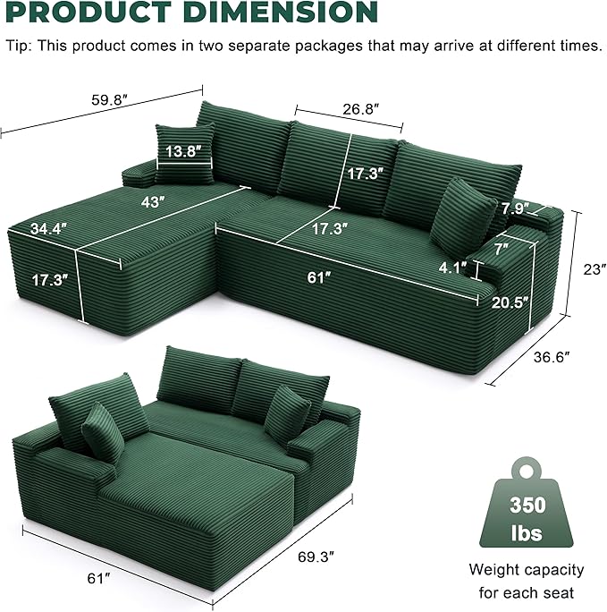 Cloud Sectional Couch Modular Sectional Sofa with Deep Seat Boneless Sofa for Living Room Fluffy Comfy Couch with L-Shaped Chaise Green
