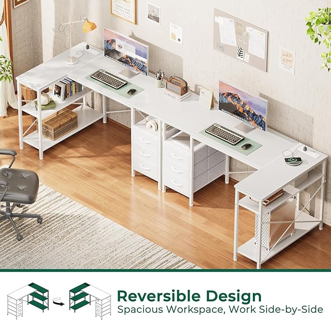 Simple Deluxe L Shaped Gaming Desk with Power Outlets 47 Inch Computer Desk with 3 Drawers Shelves Corner Computer Desk for Gaming Corner Work Home Office Study White