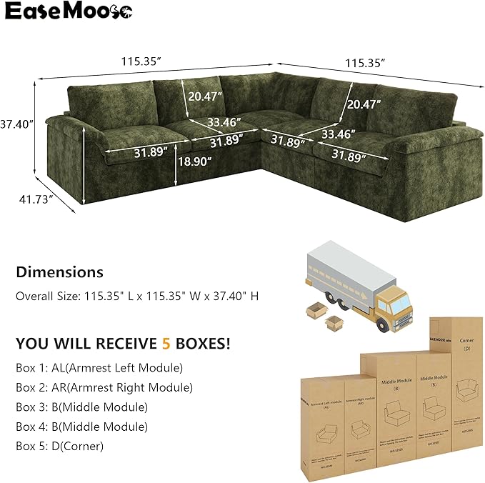EASE MOOSE Cloud Couch Sectional Sofa L-Shaped Oversized Modular Couch for Living Room Boneless Convertible Couches 5-Seat Deep Sofas for Bedroom Chenille (Green)