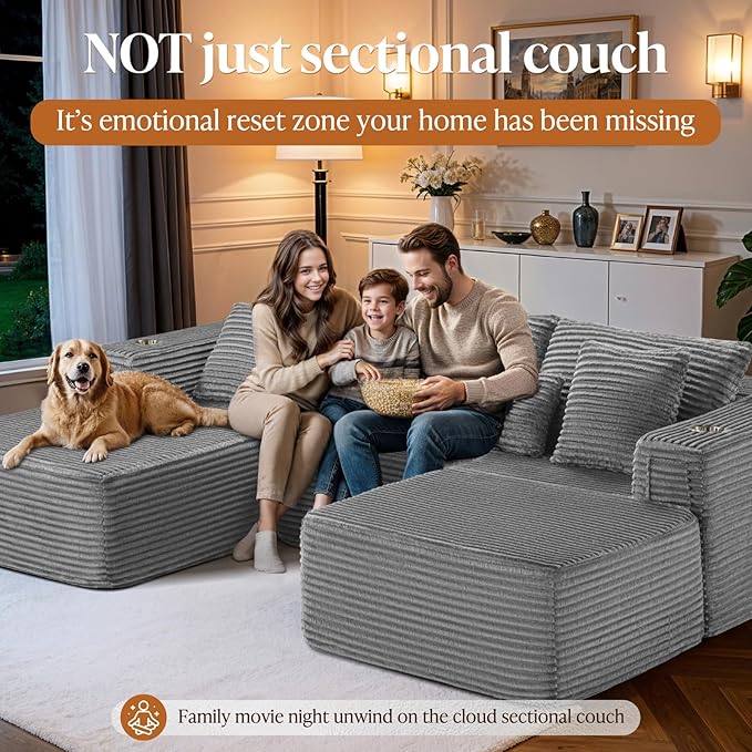 108 Cloud Modular Sectional Couch Modern Boneless Couches with Deep Seat L Shaped Sofa for Living Room No Assembly Required Corduroy (Light Grey 2 Seater+Right Facing Chaise)