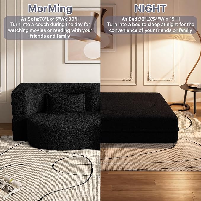 78 Inch Couch Queen Sleeper Loveseat Cloud Sofa Bed Convertible Folding Teddy Full Size Boneless Sofabed for Living Room Guestroom Lazy Lounge Floor Fold Out Sofa Bed No Assembly (Black)