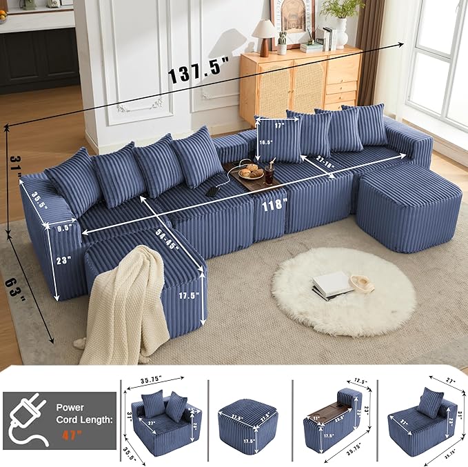 KEIKI 137.5 Modular U-Shape Sectional Sofa Extra-Large Corduroy Couch with Movable Footstool Cup Holders &amp Wireless Charging Board No-Assembly Flexible Seating for Apartments &amp Entertainin
