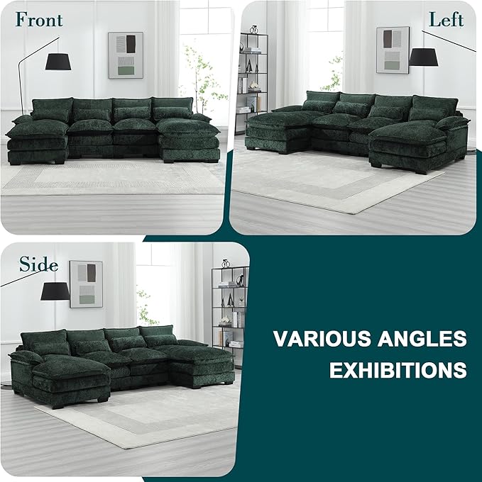 QQU 110.63 W U-Shape Modern Sectional Sofa Couch with Plastic Leg Upholstery Chenille Modular Sectional Sofa Bed with Memory Foam Large Sleeper Couch Chaise Lounges for Living Room(Emerald)