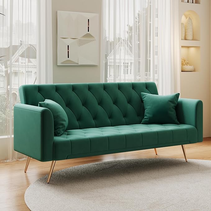 72Modern Velvet Sofa Bed FutonConvertible Folding Sleeper Bed Couches with 3 Adjustable BackrestsTufted Recliner Love Seat with Golden Chrome Legs for Living Room Apartment Office (Green+pillows)