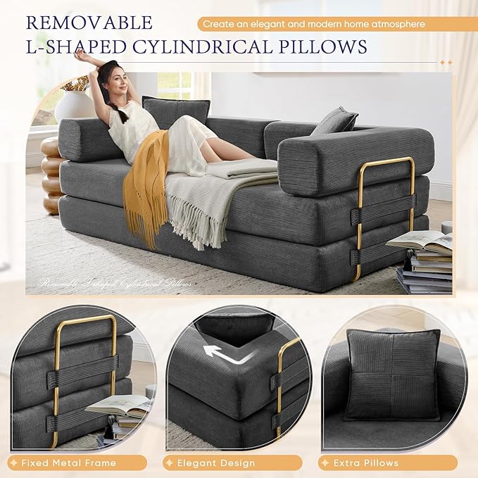 Convertible Folding Sofa Bed Corduroy Sleeper Mattress Couch with Fixed-Shape Frame Free Combination Loveseat Lounge Floor Sofa Queen Size Memory Foam Couch for Living Room Bedroom Dark Grey