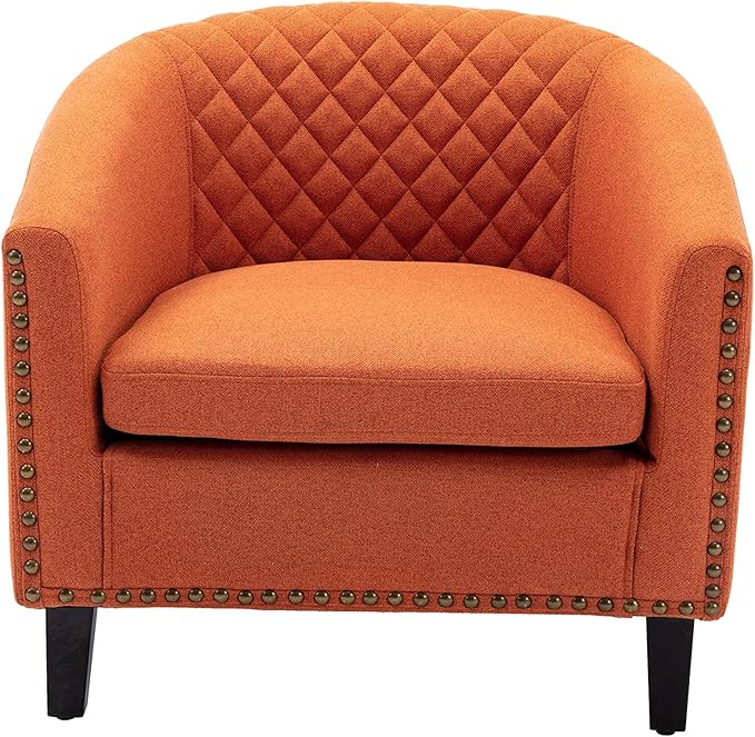 Accent Barrel Chair Living Room Chair with Nailheads and Solid Wood Legs Orange Linen