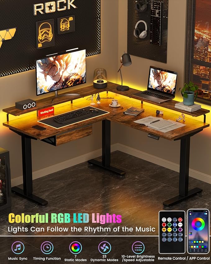Flycity Electric L Shaped Standing Desk with Monitor Stand 59 Corner Computer Desk with Drawers Gaming Table with LED Lights &amp Power Outlet Home Office Stand Up Adjustable Height Table Brown