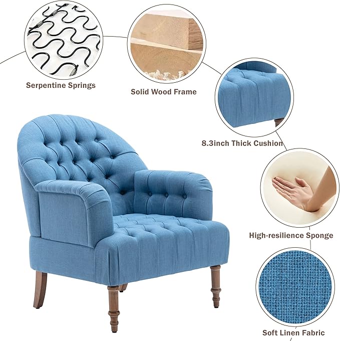 Accent ChairButton-Tufted Upholstered Chair SetMid Century Modern Chair with Linen Fabric and Ottoman for Living Room Bedroom Office LoungeBlue