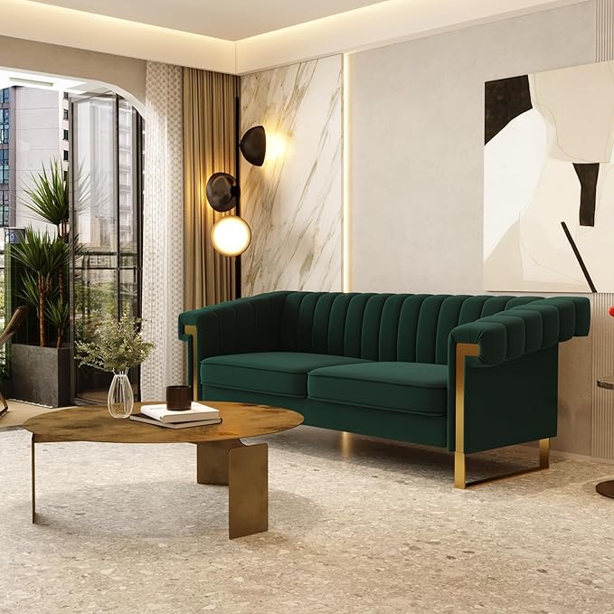 Mid-Century Modern Green Velvet Sofa with Gold Metal Legs 83.86 Luxury Chesterfield Comfy Couches for Living Room (Velvet Green)
