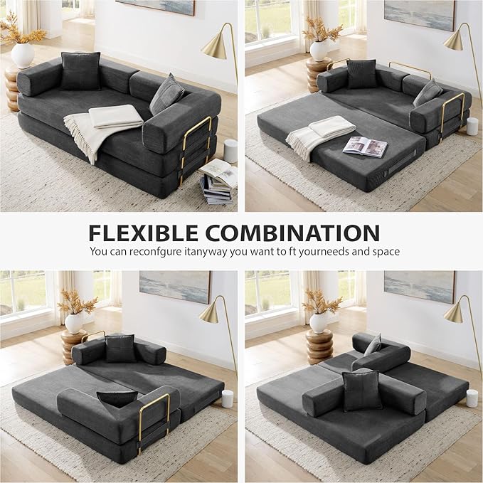 4-in-1 Folding Convertible Sofa Bed 78 Inch Boneless Couch with Fixed-Shape Frame Corduroy Loveseat Sleeper with Pull Out Bed Floor Sofa Modular Futon Couch for Living Room Bedroom Lounge (Grey)